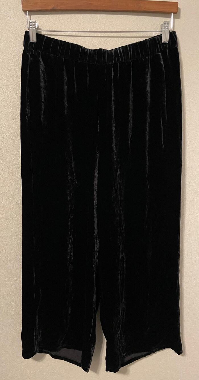 Eileen Fisher Pants Womens Petite Medium Black Velvet Silk Blend Wide Leg Luxury